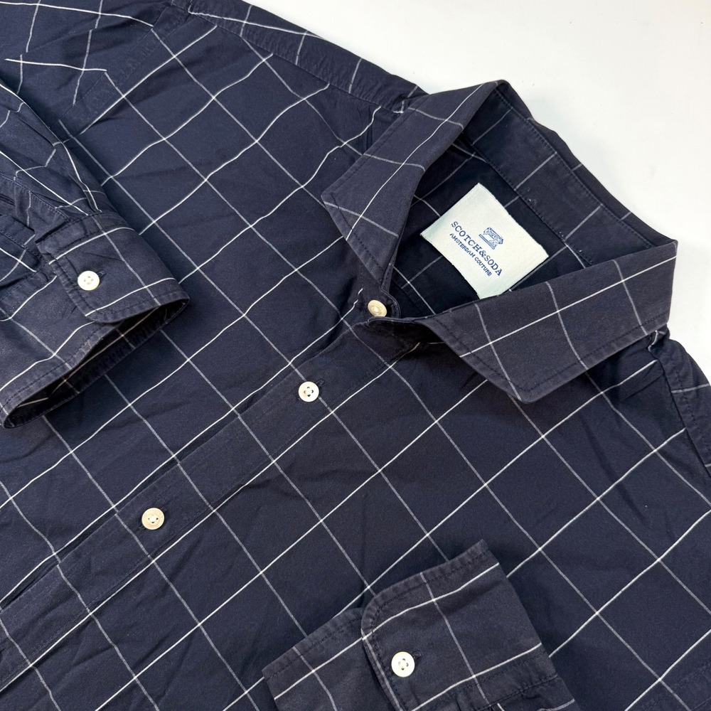 Scotch‎ & Soda Men's XL Shirt Navy Windowpane Check Long Sleeve Cotton